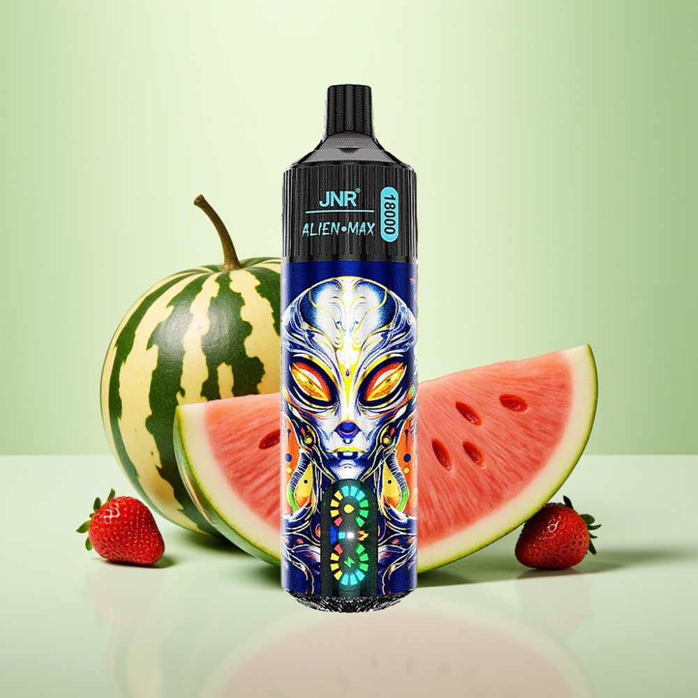 JNR Alien Max 18000 Puffs – Pamučna LED displej, Dual Mesh Coil, 850mAh, 28ml, Type-C, Jagoda lubenica žvakaća guma