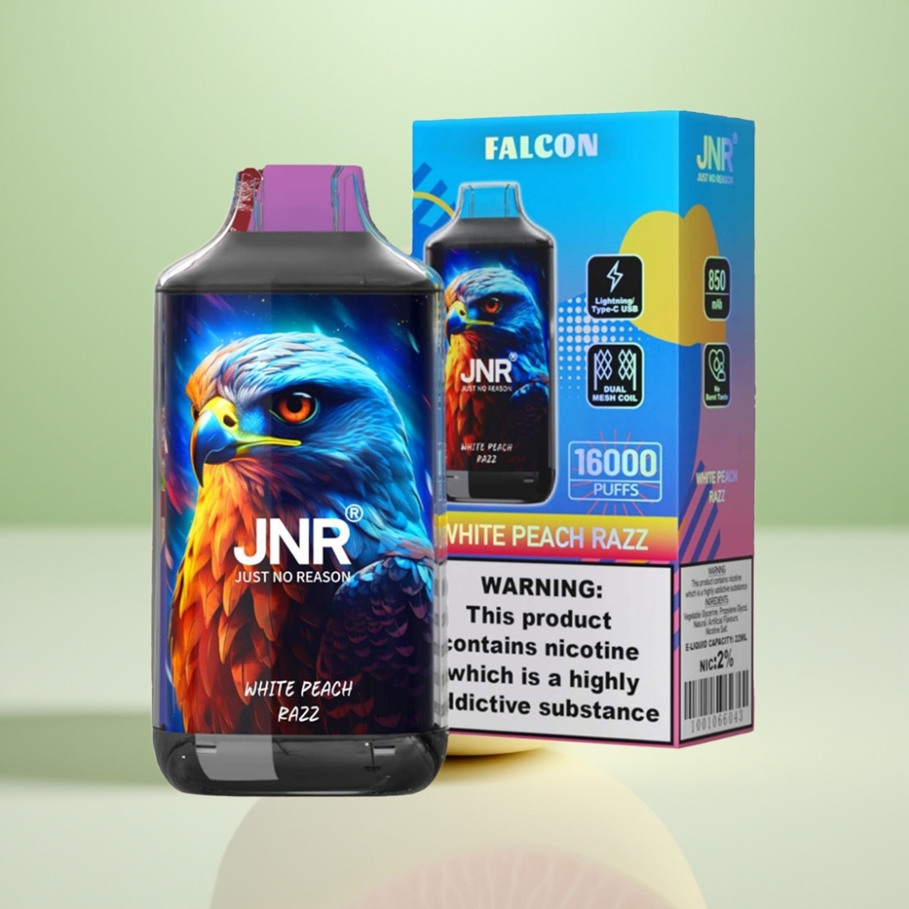 JNR Falcon 16000 Puffs Dispozabil Vape Beli Breskva Malina – 850mAh, 22ml, Dual Mesh Coil, Type C & Lightning