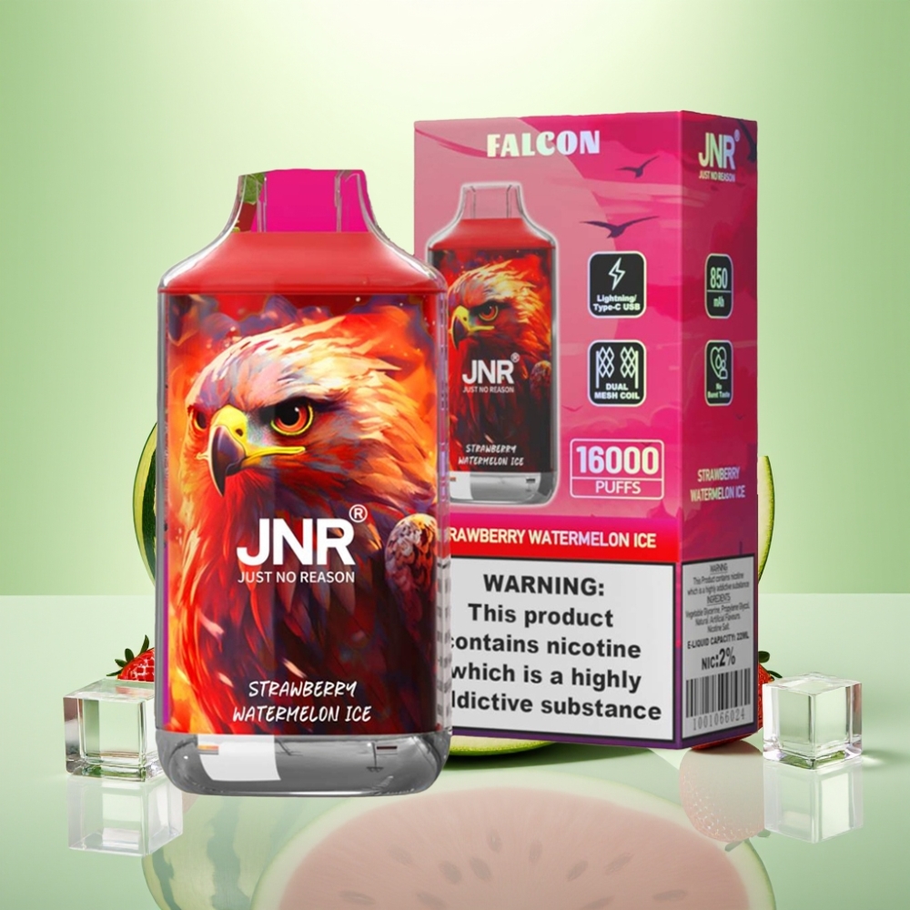 JNR Falcon 16000 Puffs Dispozabilna Vape Jagoda Lubenica Led – 850mAh, 22ml, Dual Mesh Coil, Type C & Lightning