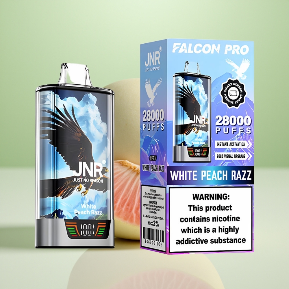 JNR Falcon Pro 28000 Dispozabil Vape Beli Breskva Malina – 30ml, 950mAh, 28000 Puffova, 5% Nikotina, USB Type-C