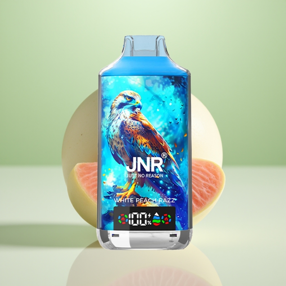 JNR Falcon X 18000 Puffs Dispozabil Vape Beli Breskva Malina – 18000 Puffs, 750mAh, 24ml, Dual Mesh Coil, Digitalni Display, Type-C