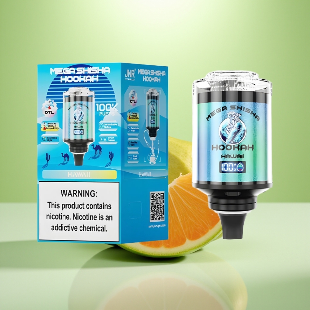 JNR Mega Shisha Hookah 100K Desktop Kompatibilnost – 100000 povlačenja, 60ml kapacitet, 2200mAh baterija, Tip-C punjenje, Hawaii