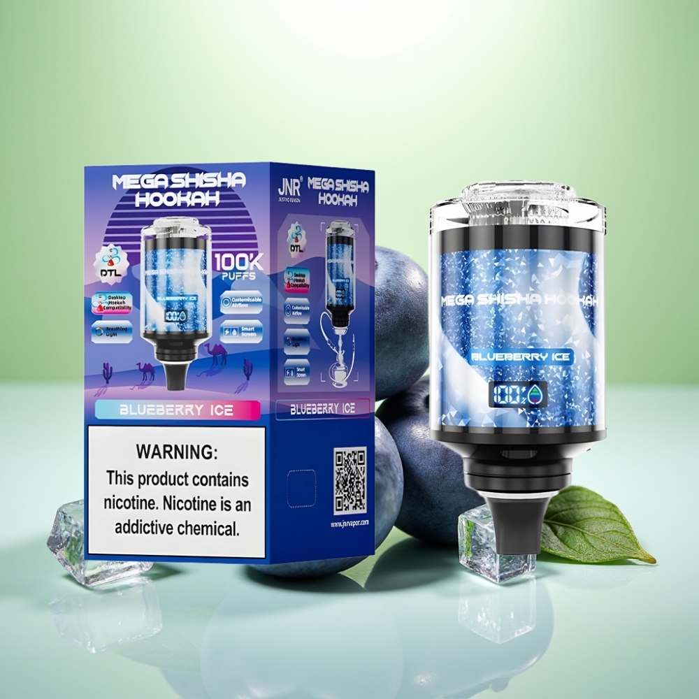 JNR Mega Shisha Hookah 100K Desktop Kompatibilnost - 100000 pufova, 60ml tečnost, 2200mAh baterija, Type-C punjenje, Borovnica Led