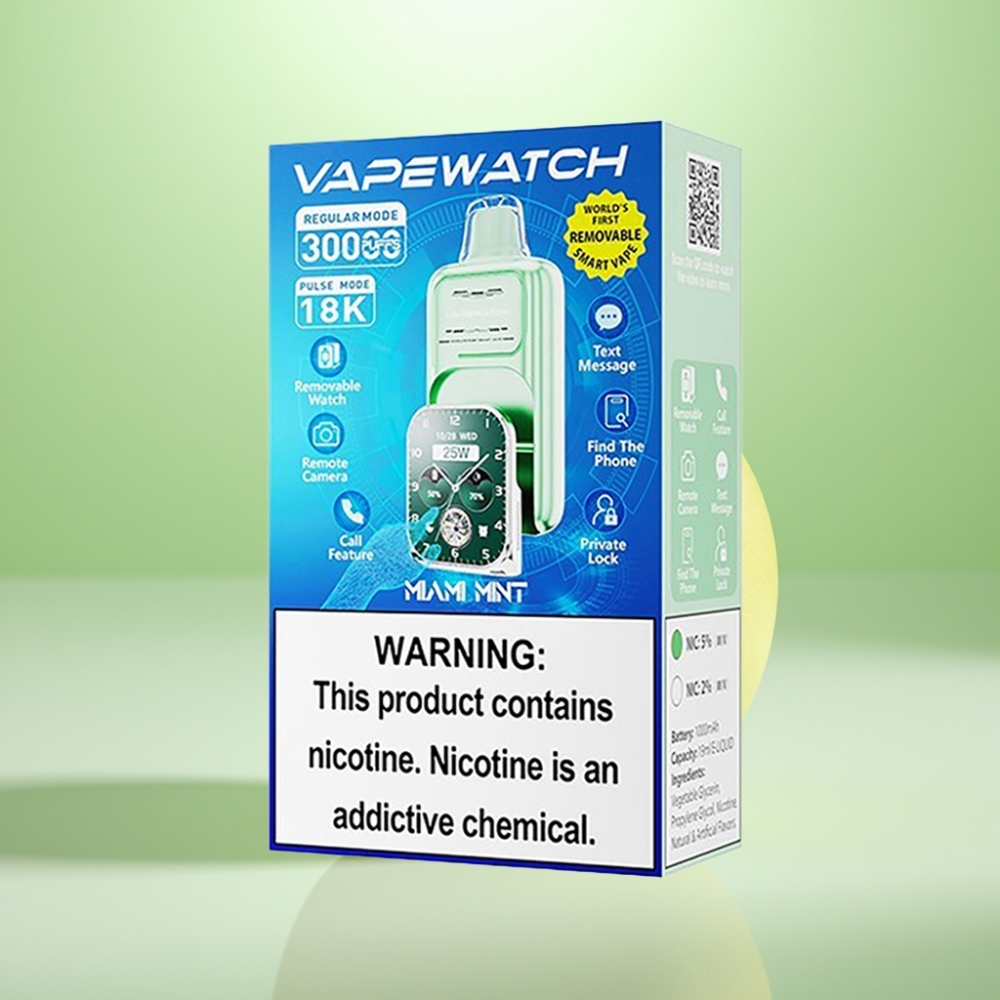 JNR VapeWatch 30000 Puffs Dispozabil Vape Majami Mint – 30.000 pufova, 1000mAh, 19mL, Dual Mesh Coil, Type-C punjenje