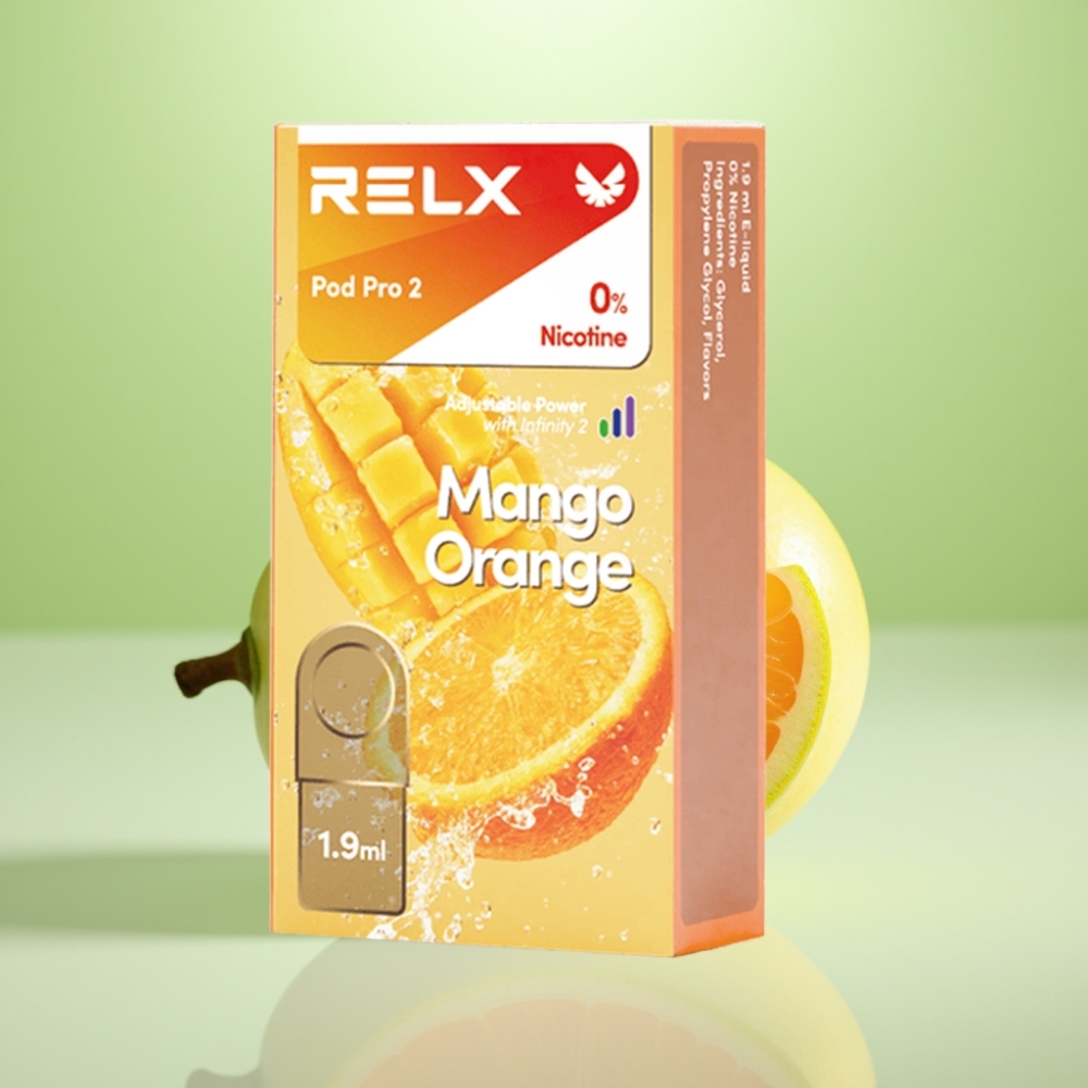 RELX Pod Pro 2 Bez Nikotina - 600 puševa, 1.9ml, 3 režima napona, Mango Narandža